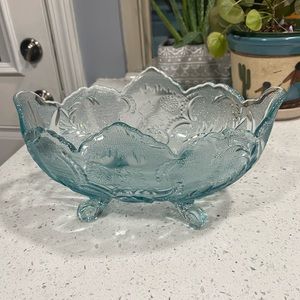 Gorgeous Vintage Carnival Indiana Glass Light Blue Oval Footed Fruit Bowl 10”